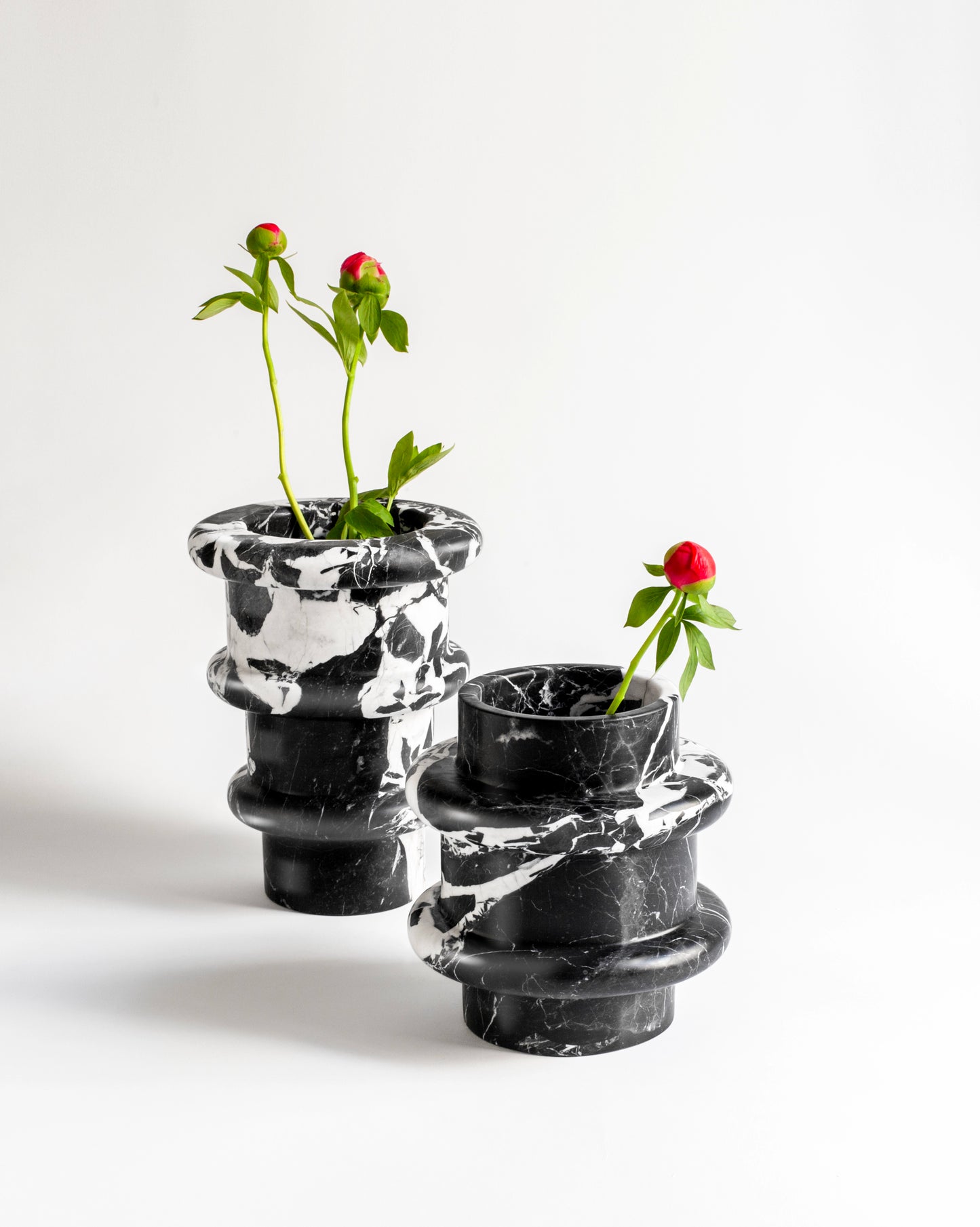 French Grand Antique marble designer vases from Lumière collection by Sandro Lopez Milano with peonies