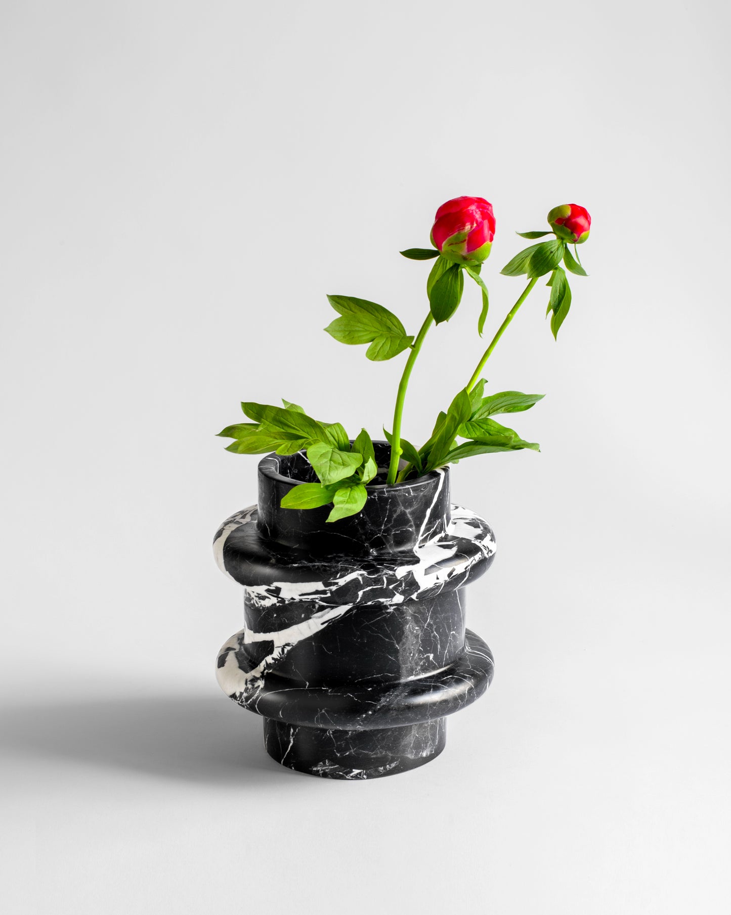 Black and white Grand Antique marble vase from the Lumière collection by Sandro Lopez with red flowers