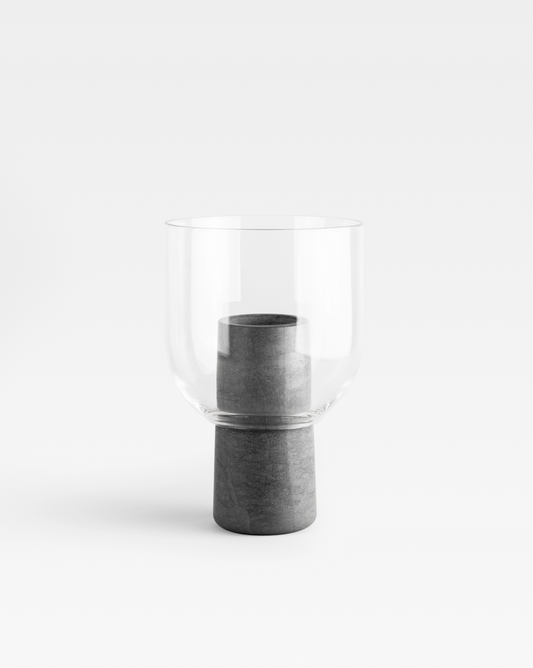 Abito vase crafted from handblown glass and grey fossena marble