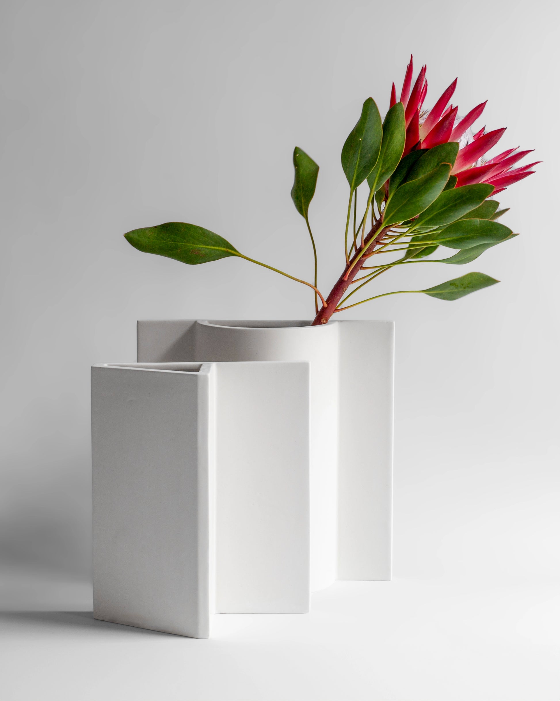 White ceramic Knight and queen Vases with a matte finish, part of the Kish o Mat collection and pink flower by Sandro Lopez Milano.