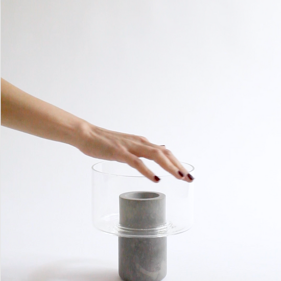 Showcase of the grey Fossena marble and handblown glass Abito vase