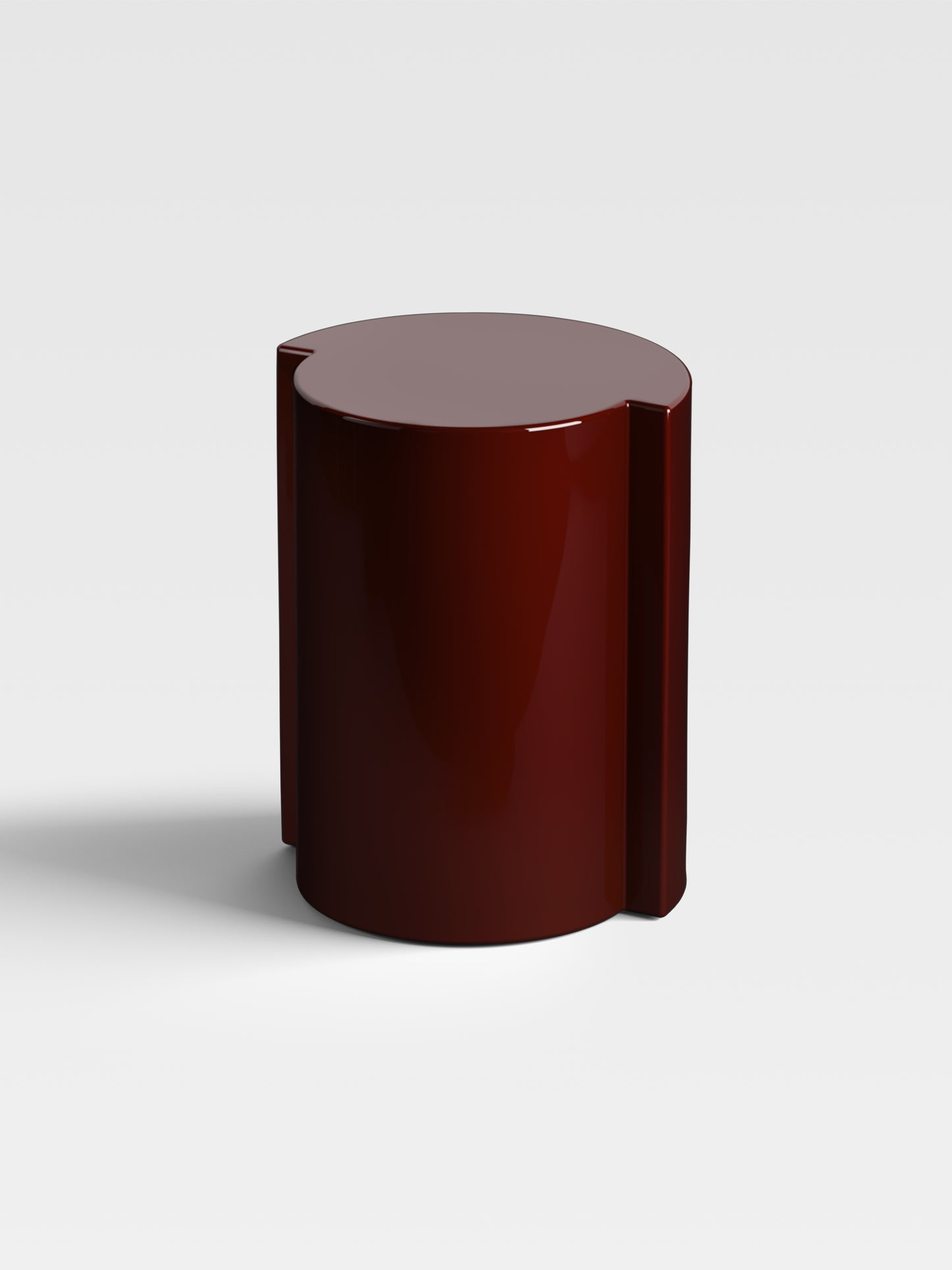Angled view of Lei in burgundy, showing sculptural curves and premium lacquer finish from Milan’s contemporary design studio.
