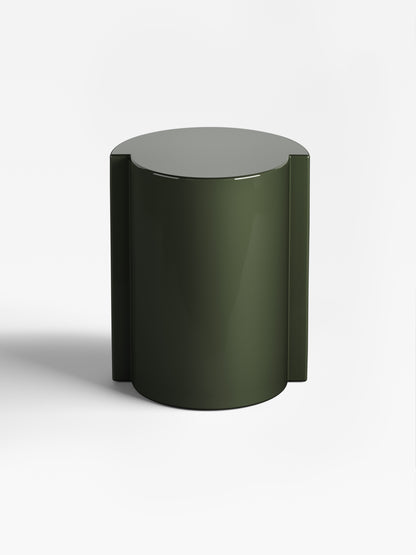 Lei side table in muted olive lacquer, handcrafted collectible design from Italy — minimalist and artistic for refined interiors.