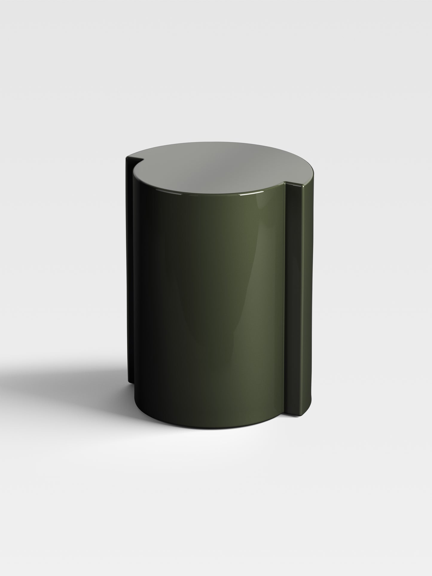 Angled view of Lei olive side table showing sculptural curvature and elegant high-gloss finish made in Milan.