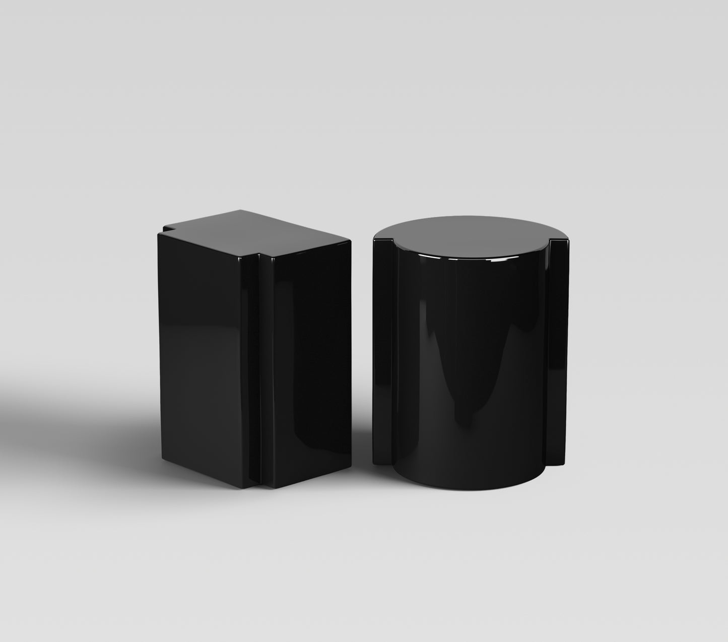 Lei and Lui in black lacquer, collectible handcrafted furniture with monolithic forms for high-end modern living room interiors.