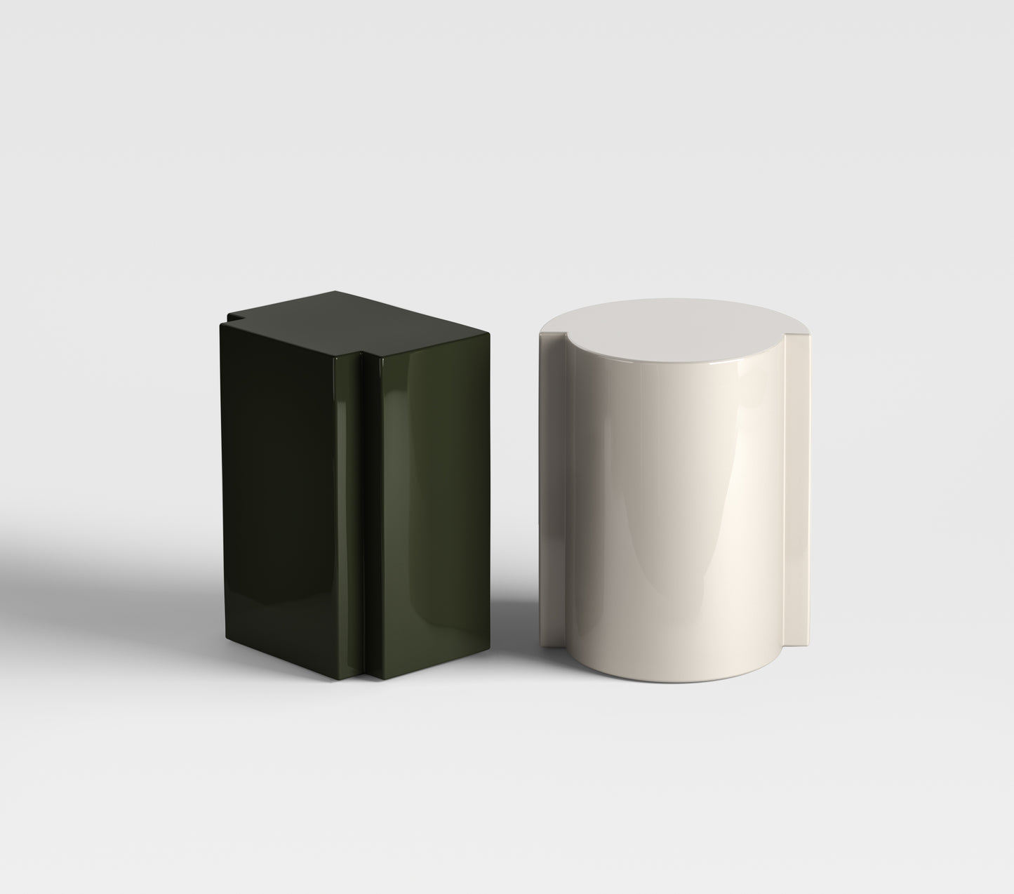 Lei in sand and Lui olive side tables in sand lacquer, collectible handcrafted furniture that adds serenity and balance to sophisticated interiors.