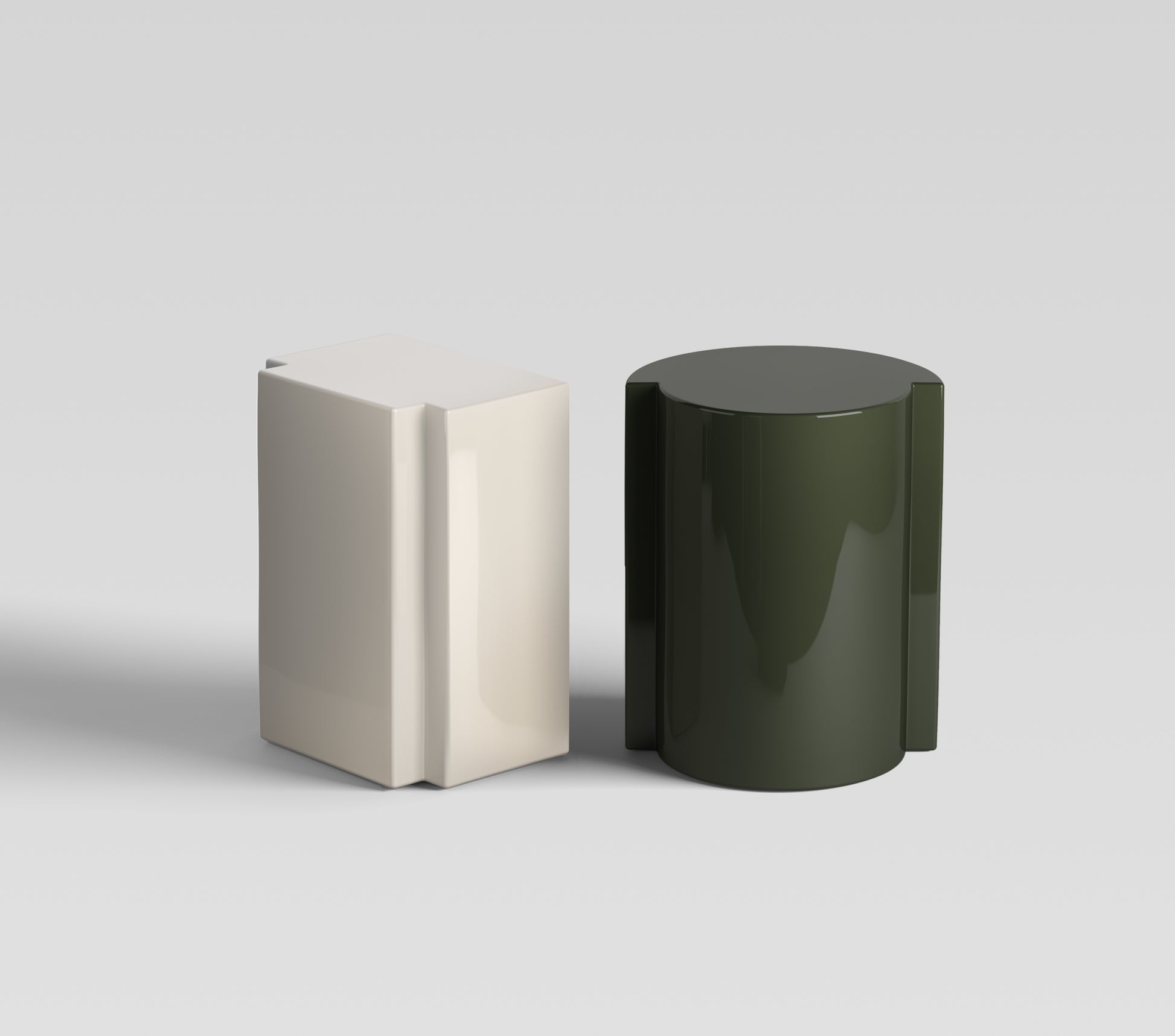 Lei insand and Lui in olive lacquer, sculptural handcrafted Italian furniture — luxury accent pieces that enrich modern interior palettes.