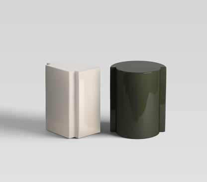 Lei insand and Lui in olive lacquer, sculptural handcrafted Italian furniture — luxury accent pieces that enrich modern interior palettes.