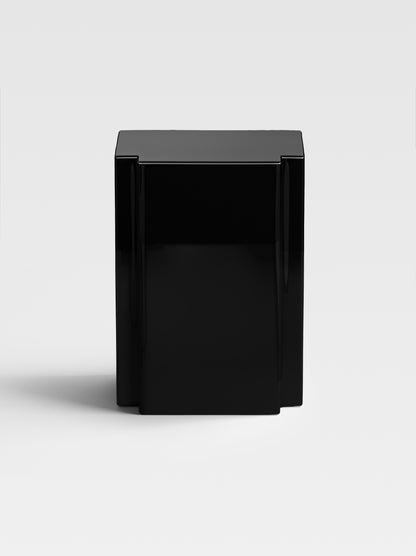 Lui side table in polished black lacquer, luxury collectible furniture handcrafted in Italy — minimalist sculptural design for refined interiors.