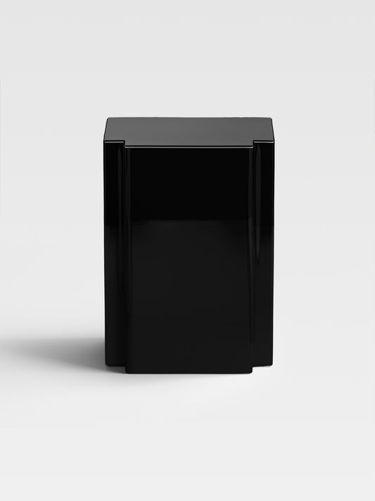 Lui side table in polished black lacquer, luxury collectible furniture handcrafted in Italy — minimalist sculptural design for refined interiors.